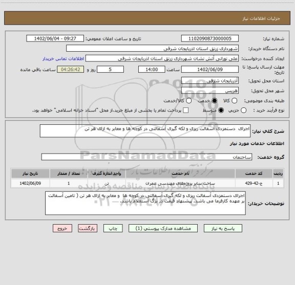 استعلام اجرای  دستمزدی آسفالت ریزی و لکه گیری آسفالتی در کوچه ها و معابر به ازای هر تن