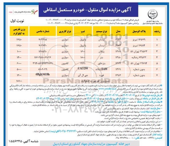 مزایده فروش اوراقی تعداد 7 دستگاه خودرو مستعمل اسقاطی