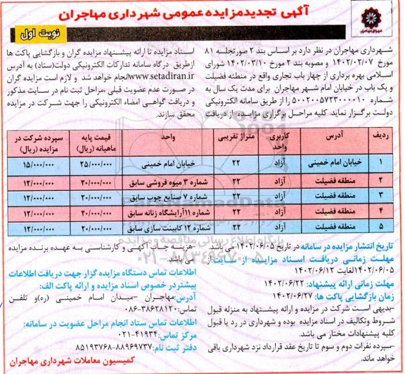 تجدید مزایده  بهره برداری از چهار باب تجاری 