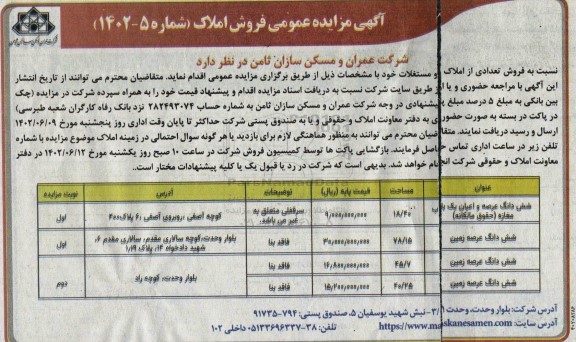 مزایده فروش املاک و مستغلات