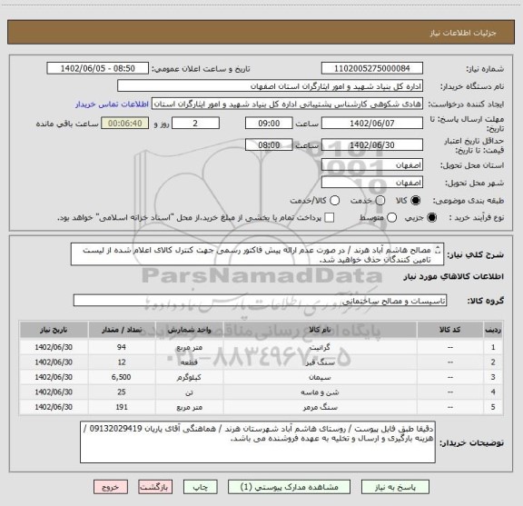 استعلام مصالح هاشم آباد هرند / در صورت عدم ارائه پیش فاکتور رسمی جهت کنترل کالای اعلام شده از لیست تامین کنندگان حذف خواهید شد.
کادر توضیحات حتما چک شود