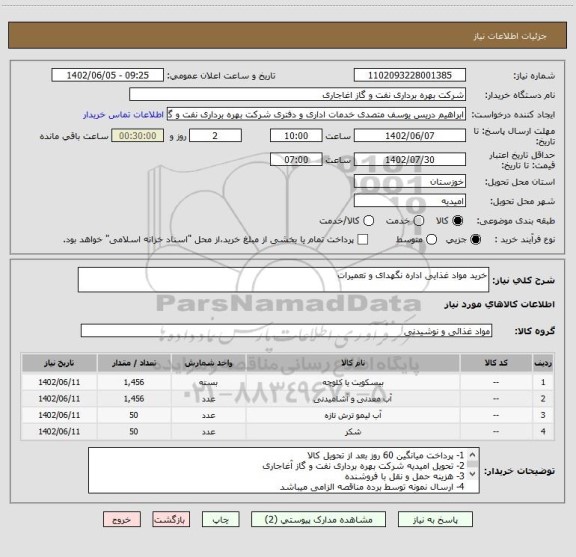 استعلام خرید مواد غذایی اداره نگهدای و تعمیرات