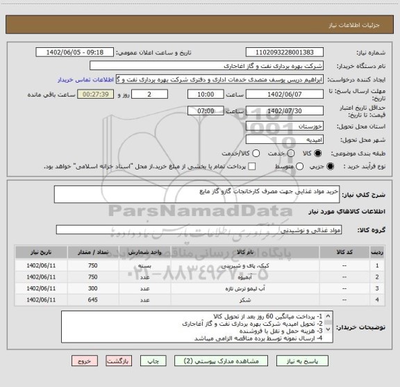 استعلام خرید مواد غذایی جهت مصرف کارخانجات گازو گاز مایع