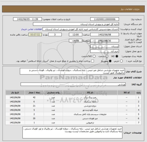 استعلام خرید تجهیزات ورزشی شامل میز تنیس ، پایه بسکتبال ، دروازه فوتسال ، تیر والیبال ، فوتبال دستی و ترامپولینگ طبق لیست