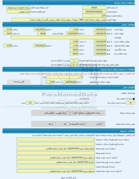 مزایده ، فروش سهام سازمان (تعداد 7660 سهم) از سهام شرکت ماهان شیمی زاگرس (سهامی خاص) -مزایده زمین و مستحدثات - استان کرمانشاه