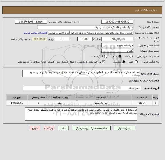 استعلام عملیات حفاری دو حلقه  چاه جدید کمکی آب  شرب مجاورت چاه های داخل اداره شهرگناباد و جدید شهر بیدخت