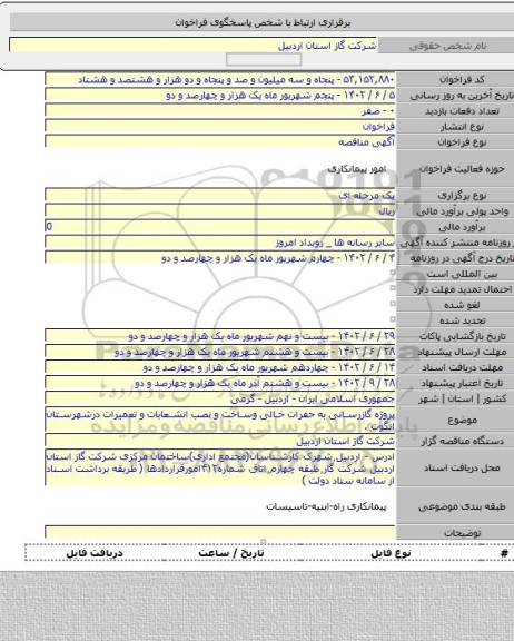 مناقصه, پروژه گازرسانی به حفرات خالی وساخت و نصب انشعابات و تعمیرات درشهرستان انگوت .