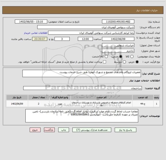 استعلام تعمیرات ایزوگام واحدهای مجتمع و شهرک آلومینا طبق شرح خدمات پیوست