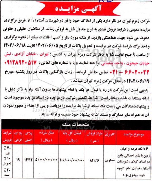 مزایده فروش ششدانگ عرصه و اعیان زمین به مساحت 811/6 با کاربری مسکونی