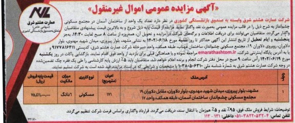 مزایده واگذاری تعداد یک واحد از ساختمان آسمان در مجتمع مسکونی