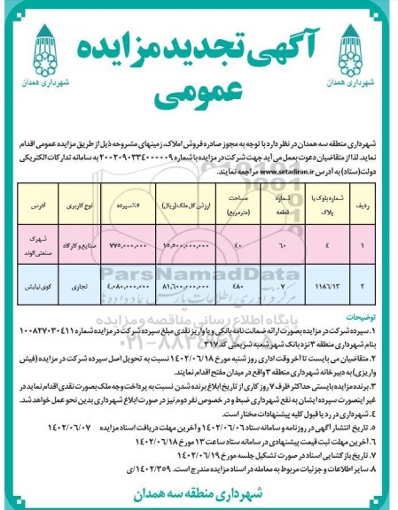 تجدید مزایده عمومی فروش املاک