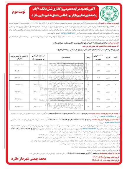 تجدید مزایده واگذاری ششدانگ، 7 باب واحدهای تجاری بازار روز - نوبت دوم