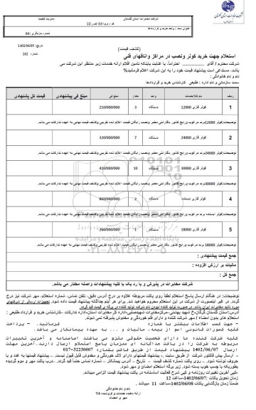 استعلام جهت خرید کولر و نصب در مراکز و اتاقهای فنی