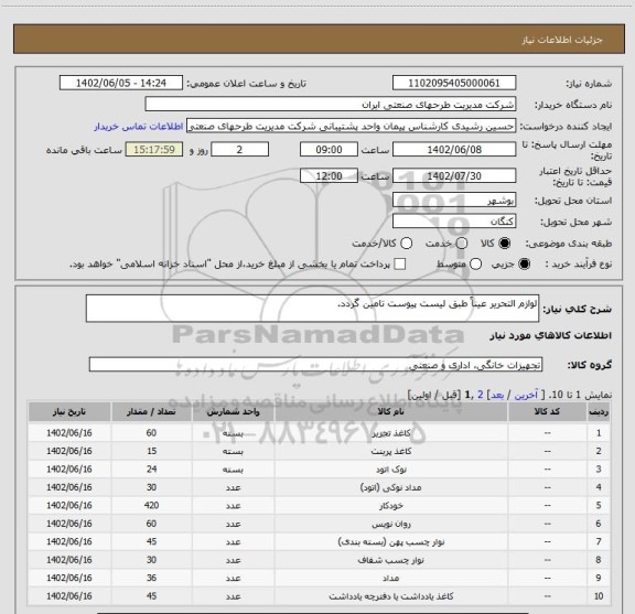 استعلام لوازم التحریر عیناً طبق لیست پیوست تامین گردد.