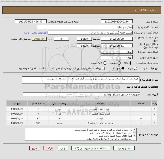 استعلام خرید تونر کارتریج،مرکب ریسو ،مستر ریسو و چسب گرم طبق تعداد و مشخصات پیوست