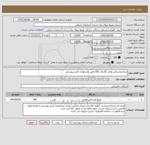 استعلام چراغ روشنائی معابر 32 وات LED طبق مشخصات فنی پیوستی