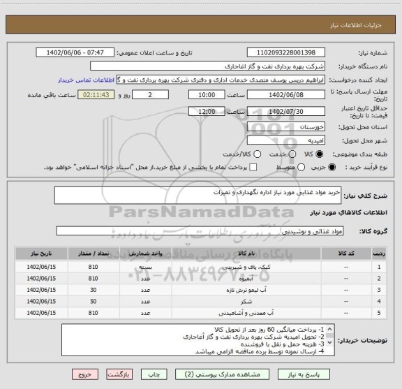 استعلام خرید مواد غذایی مورد نیاز اداره نگهداری و تمیرات