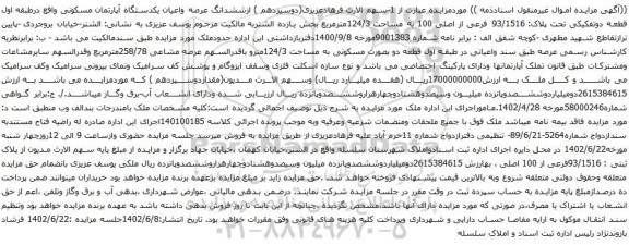 آگهی مزایده ششدانگ عرصه واعیان یکدستگاه آپارتمان مسکونی