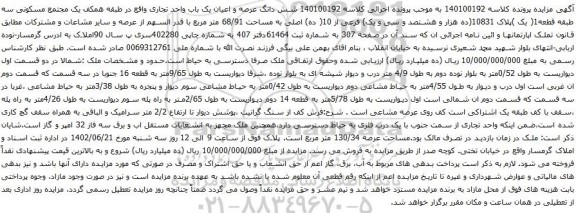 آگهی مزایده شش دانگ عرصه و اعیان یک باب واحد تجاری واقع در طبقه همکف یک مجتمع مسکونی
