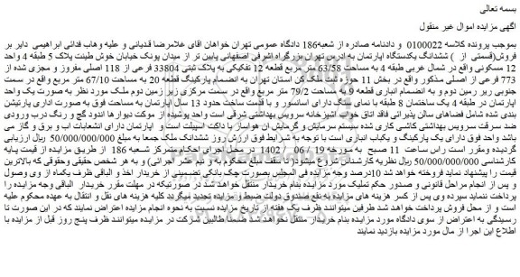 مزایده فروش(قسمتی از ) ششدانگ یکدستگاه اپارتمان
