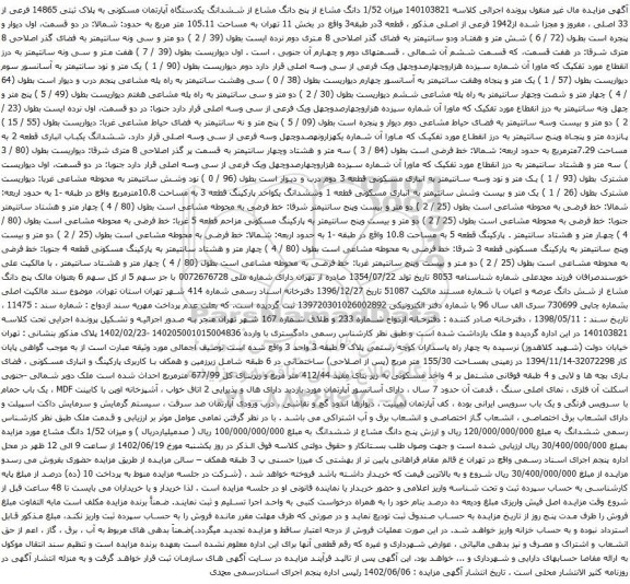 آگهی مزایده میزان 1/52 دانگ مشاع از پنج دانگ مشاع از ششدانگ یکدستگاه آپارتمان مسکونی به پلاک ثبتی 14865 فرعی از 33 اصلی