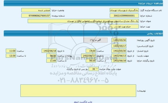 مزایده ، یک دانگ مشاع ساختمان مسکونی از ششدانگ ساختمانی واقع در نهبندان