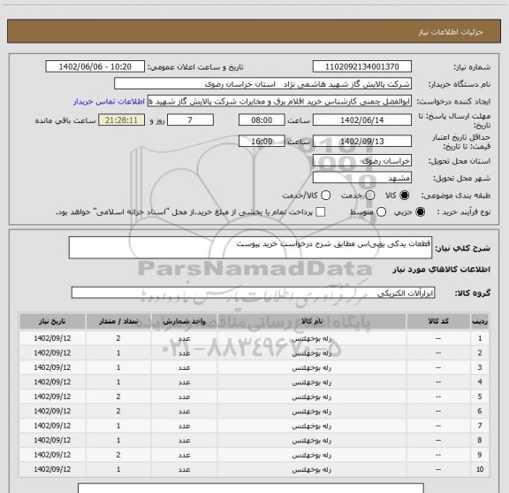 استعلام قطعات یدکی یو پی اس مطابق شرح درخواست خرید پیوست