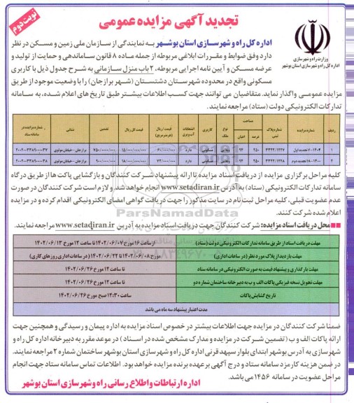 مزایده واگذاری دو باب منزل سازمانی با کاربری مسکونی ـ نوبت دوم