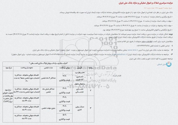 مزایده سراسری املاک و اموال تملیکی و مازاد بانک ملی ایران