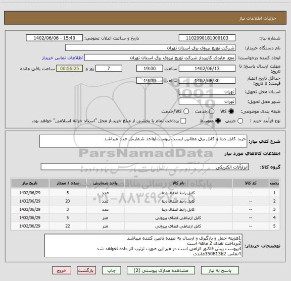 استعلام خرید کابل دیتا و کابل برق مطابق لیست پیوست/واحد شمارش عدد میباشد