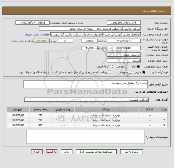 استعلام چسب برق مطابق شرح پیوست، سایت ستاد