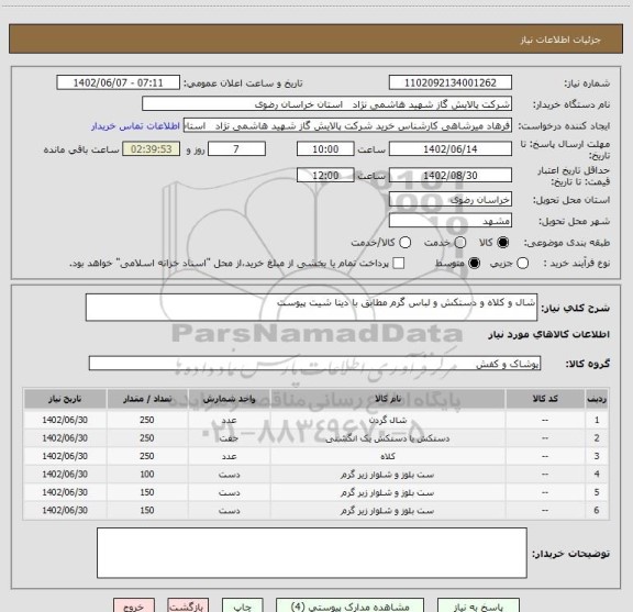 استعلام شال و کلاه و دستکش و لباس گرم مطابق با دیتا شیت پیوست