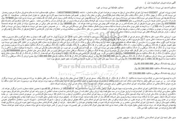 مزایده فروش ملک  به پلاک ثبتی صفر فرعی از 259 اصلی  