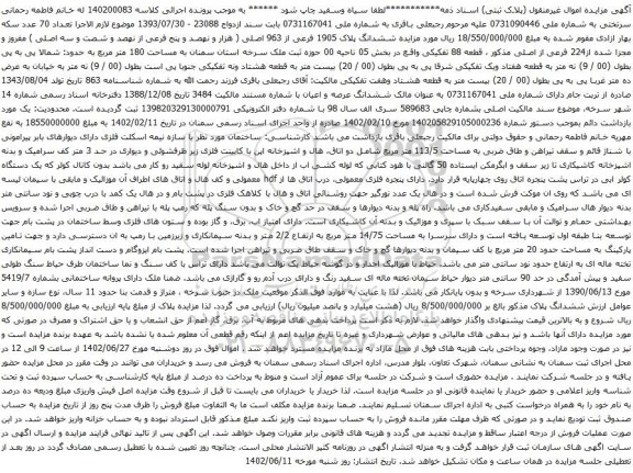 آگهی مزایده د مزایده ششدانگ پلاک 1905 فرعی از 963 اصلی