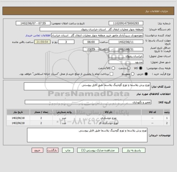 استعلام تورچ برش پلاسما و تورچ گوجینگ پلاسما طبق فایل پیوستی