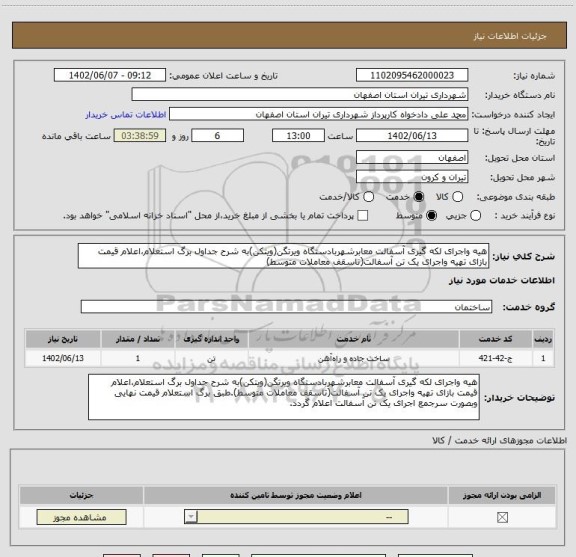 استعلام هیه واجرای لکه گیری آسفالت معابرشهربادستگاه ویرتگن(ویتکن)به شرح جداول برگ استعلام،اعلام قیمت بازای تهیه واجرای یک تن آسفالت(تاسقف معاملات متوسط)