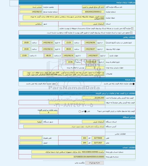مزایده ، مزایده فروش چوبهای مکشوفه بازداشتی شهرستان سلماس شامل شاخه های درخت گردو به میزان 1000کیلوگرم