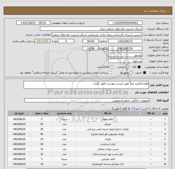 استعلام لوازم التحریر عیناً طبق لیست پیوست تامین گردد.
