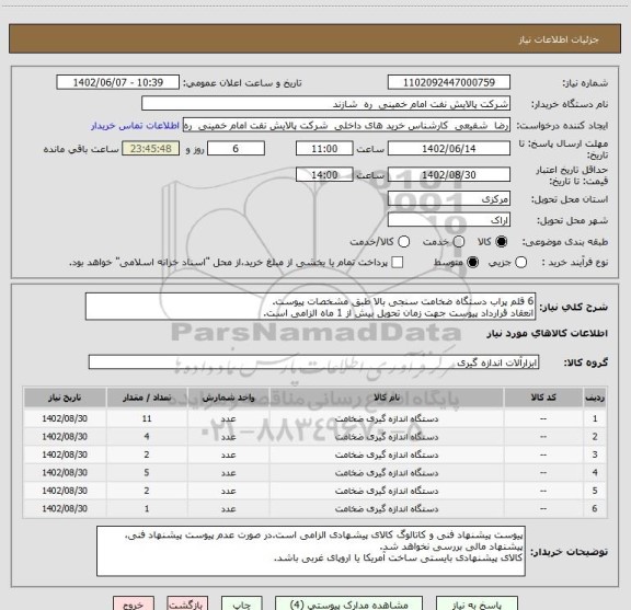 استعلام 6 قلم پراب دستگاه ضخامت سنجی بالا طبق مشخصات پیوست.
انعقاد قرارداد پیوست جهت زمان تحویل بیش از 1 ماه الزامی است.