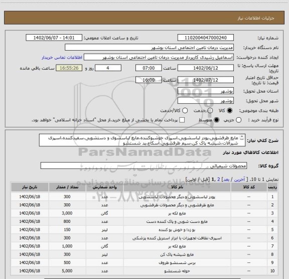 استعلام مایع ظرفشویی،پودر لباسشویی،اسپری خوشبوکننده،مایع لباسشوی و دستشویی،سفیدکننده،اسپری شیرآلات،شیشه پاک کن،سیم ظرفشویی،اسکاج،پد شستشو
*ارسال نمونه الزامی