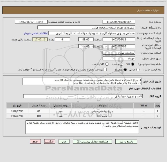 استعلام 1- چراغ 3 متری 2 شعله کامل برابر عکس و مشخصات پیوستی به تعداد 80 عدد 
2 - لامپ 15 وات نمانور ال ای دی ضمانت دار به تعداد 160 عدد