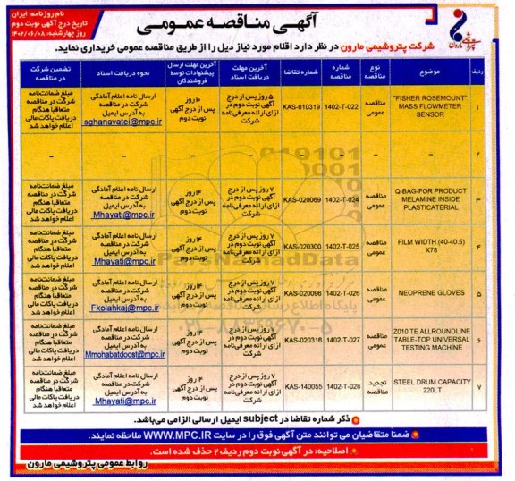 مناقصه FISHER ROSEMOUNT MASS FLOWMETER SENSOR....نوبت دوم