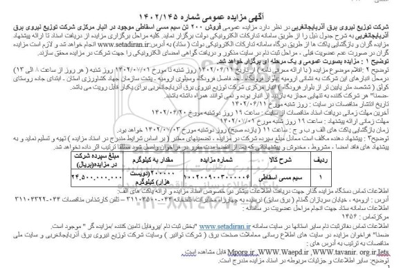 مزایده فروش ۲۰۰ تن سیم مسی اسقاطی موجود در انبار مرکزی