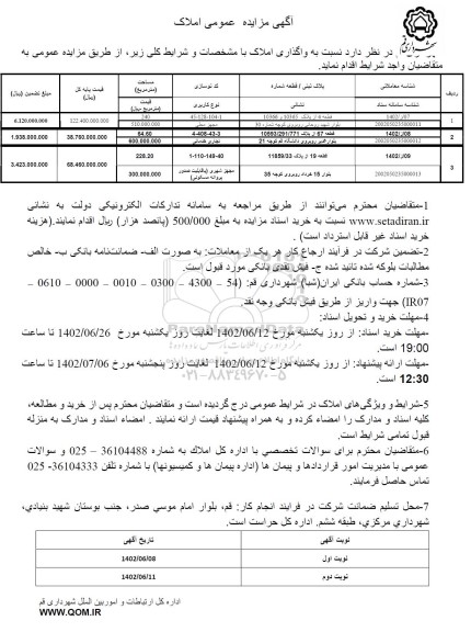 مزایده واگذاری املاک - نوبت دوم