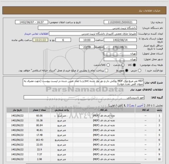 استعلام 497 متر مربع ورق MDF روکش دار و دور نوار شده pvc و با ابعاد تعیین شده در لیست پیوست (جهت مصرف به عنوان کفی تخت خواب)