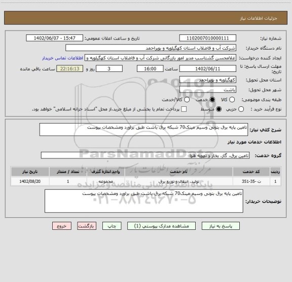 استعلام تامین پایه برق بتونی وسیم مینک70 شبکه برق باشت طبق براورد ومشخصات پیوست