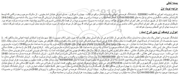مزایده فروش ششدانگ عرصه و اعیانی یک باب مغازه 
