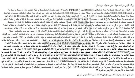 مزایده فروش پلاک ثبتی بشماره 15351 فرعی از 47 اصلی قطعه اول