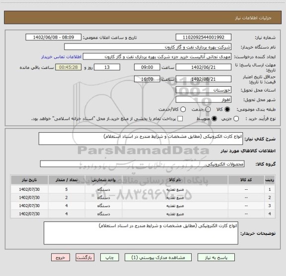 استعلام انواع کارت الکترونیکی (مطابق مشخصات و شرایط مندرج در اسناد استعلام)