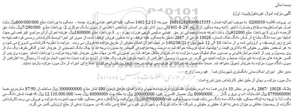 مزایده فروش  سه دانگ مشاع از شش دانگ ملک شماره 10028 فرعی از 2867  